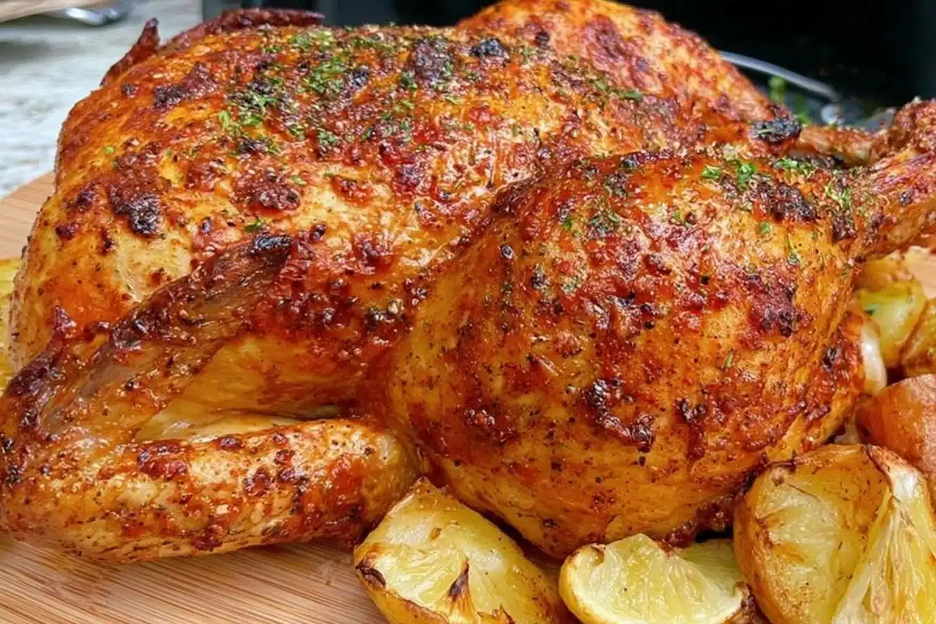 Air fryer whole chicken cooked to perfection in 30 minutes.