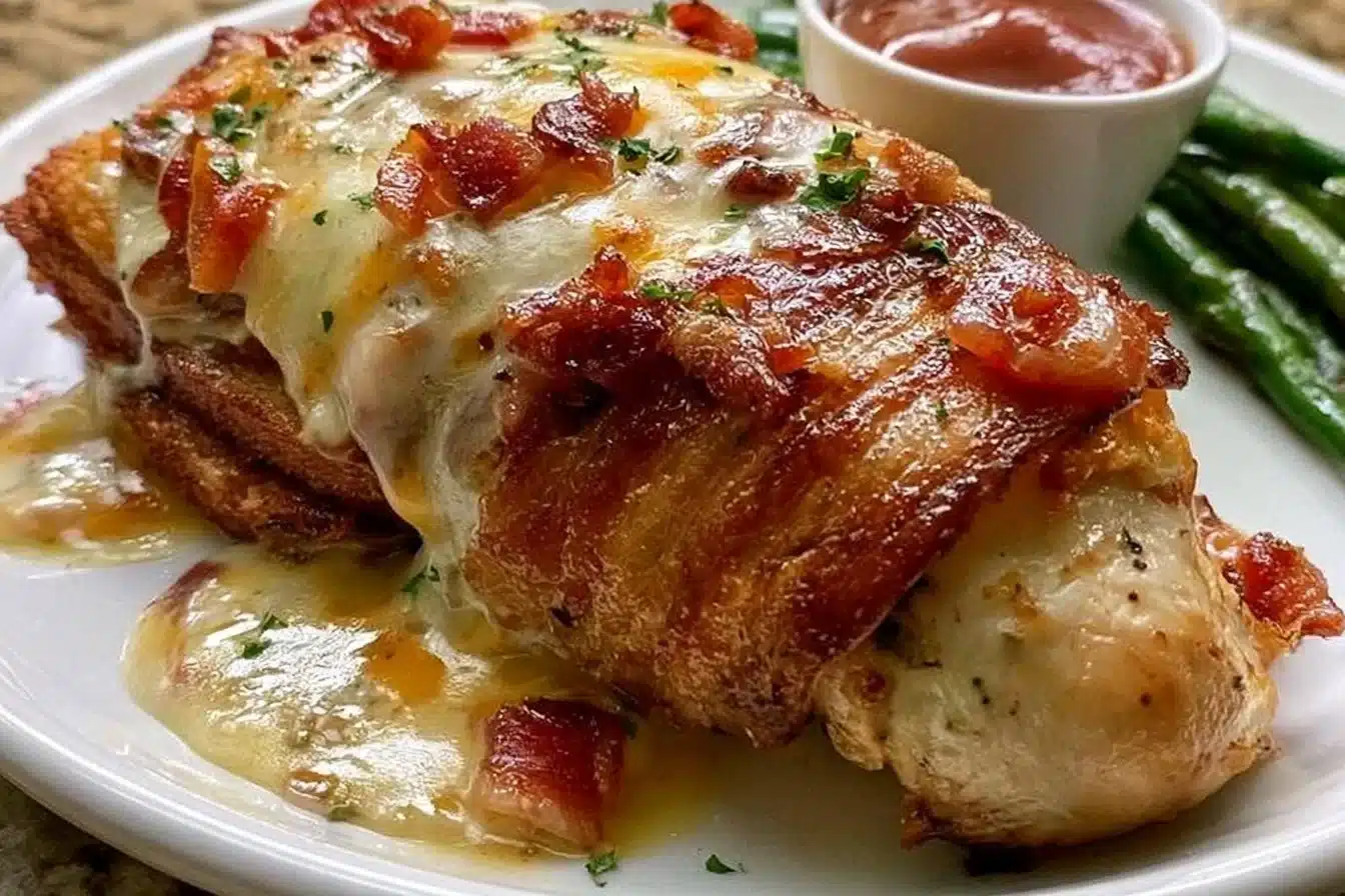 Delicious Alice Springs Chicken served on a plate with melted cheese and bacon
