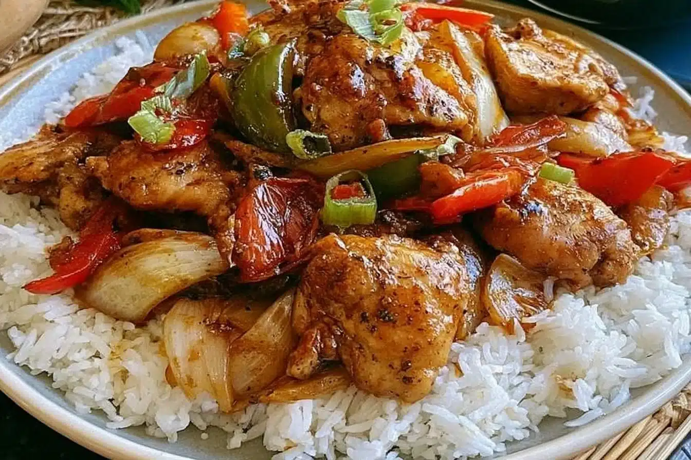 Delicious black pepper chicken stir-fry with peppers and onions on a plate