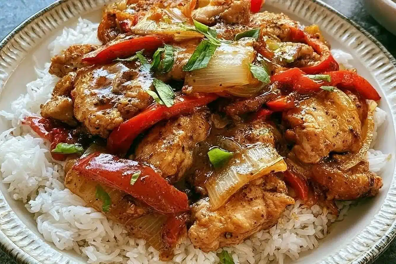 Delicious black pepper chicken stir-fry with colorful peppers and onions