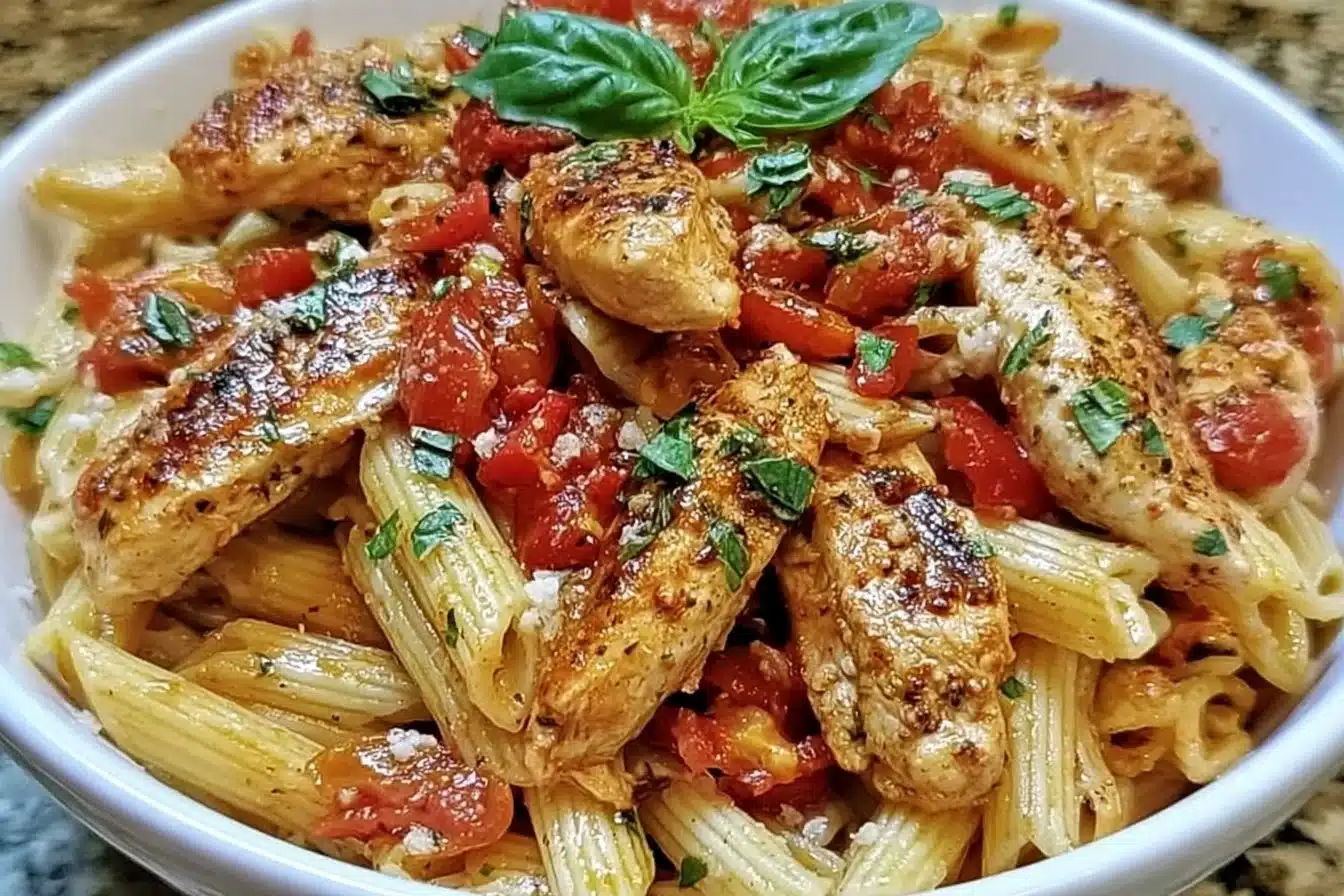Delicious Bruschetta Chicken Pasta featuring chicken, tomatoes, and basil.
