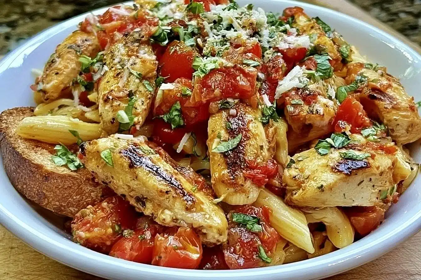 Delicious bruschetta chicken pasta topped with fresh basil and tomatoes