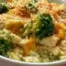 Cheesy broccoli chicken and rice casserole in a pot ready to serve