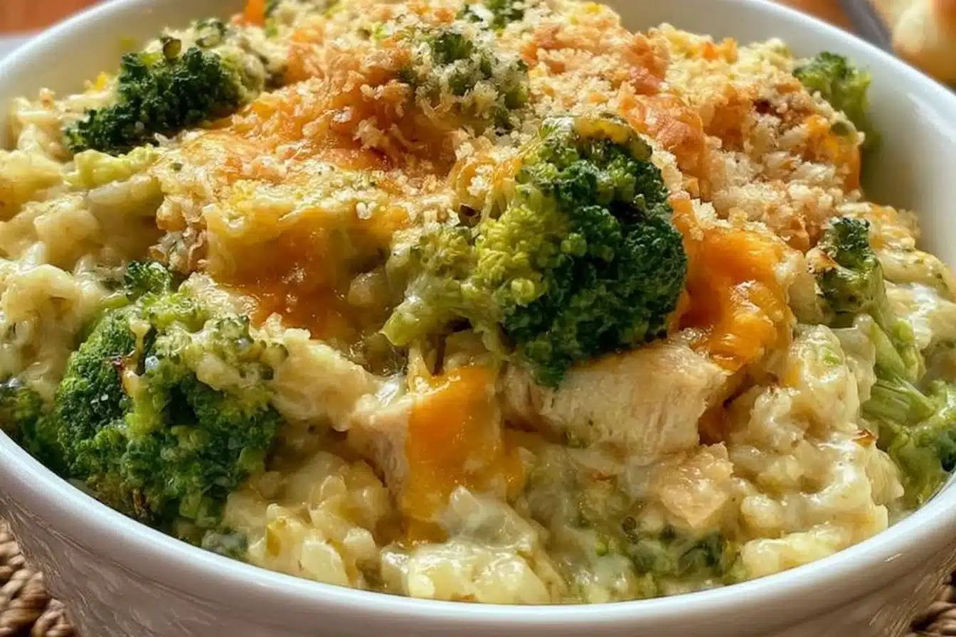 Cheesy broccoli chicken and rice casserole in a pot ready to serve