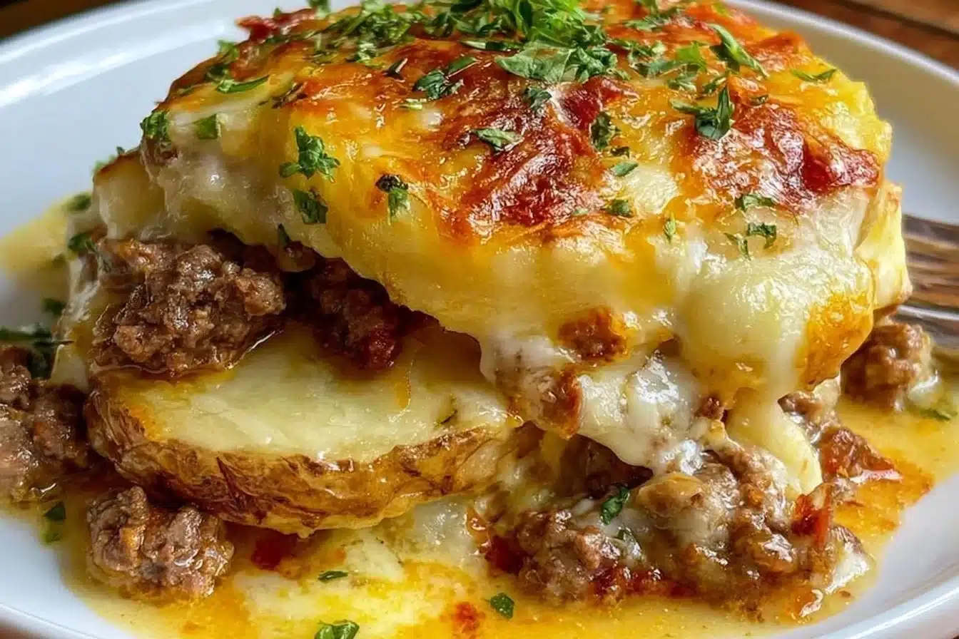 Cheesy hamburger potato casserole in a baking dish ready to serve
