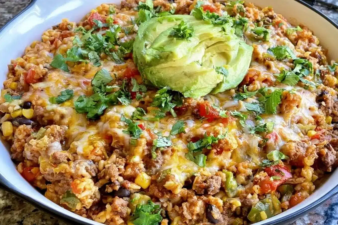 Cheesy taco rice skillet served in a pot, perfect for an easy weeknight dinner.