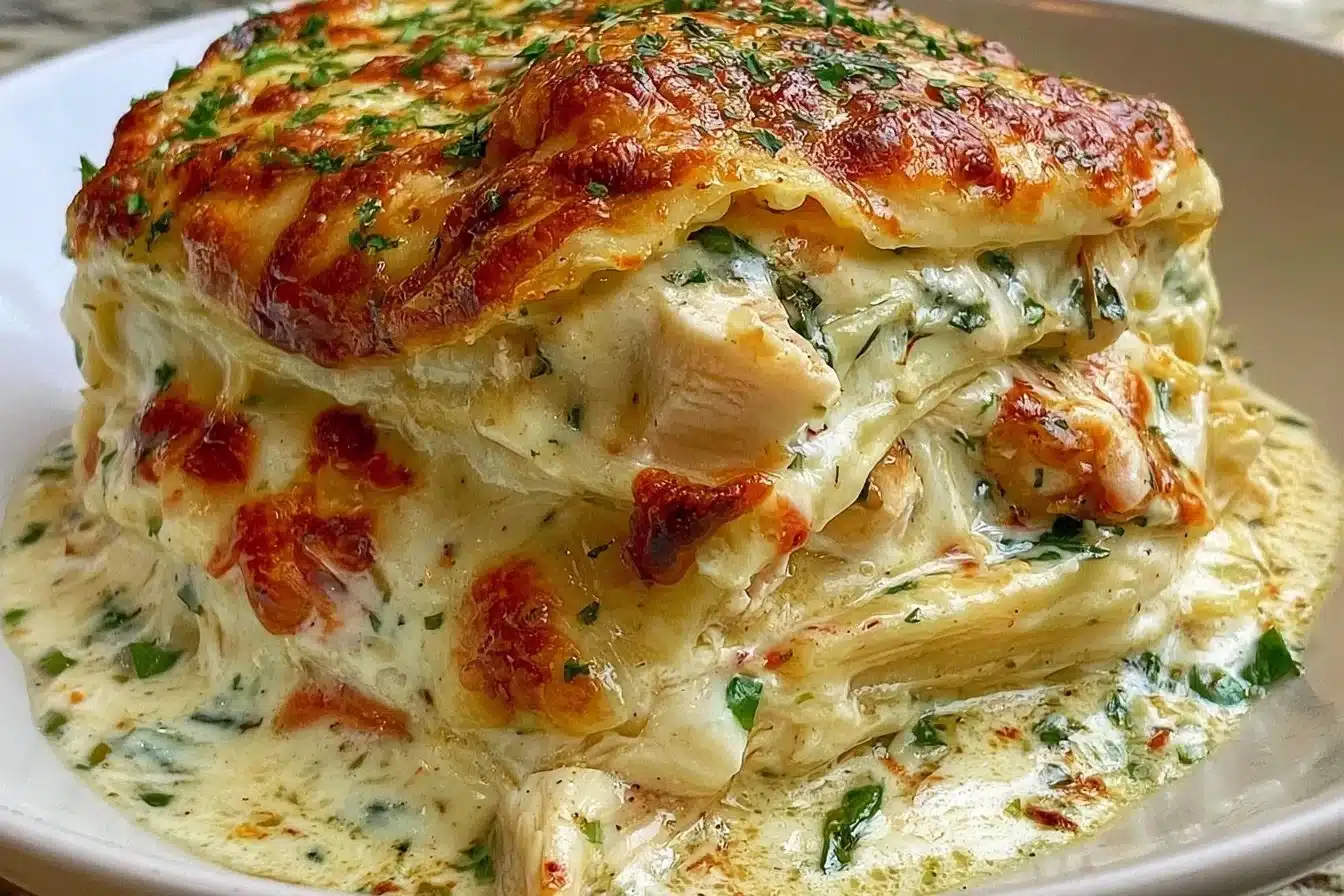 Creamy Chicken Alfredo Lasagna with layers of rich sauce and pasta