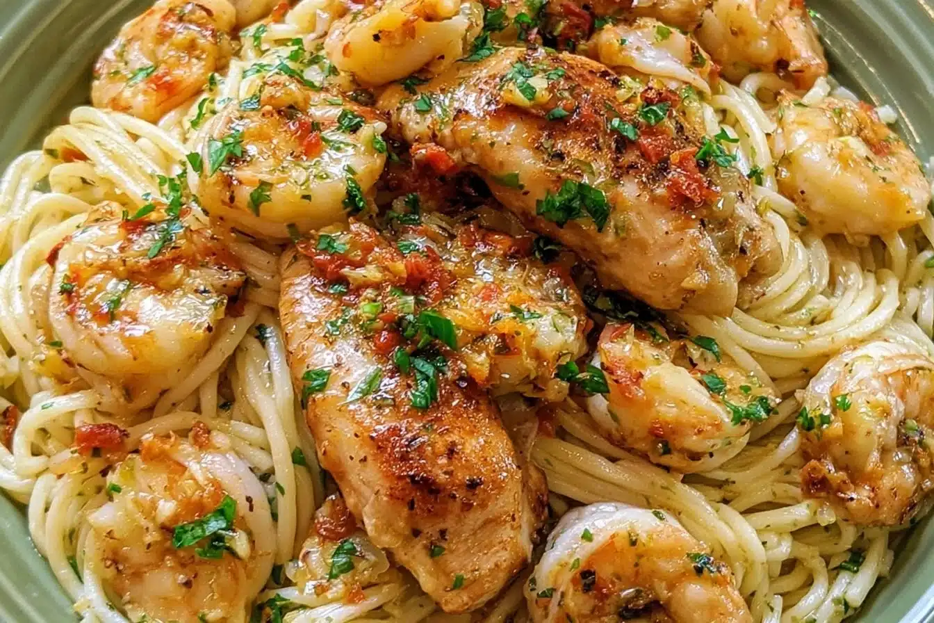 Plate of Chicken Scampi Pasta garnished with parsley and lemon