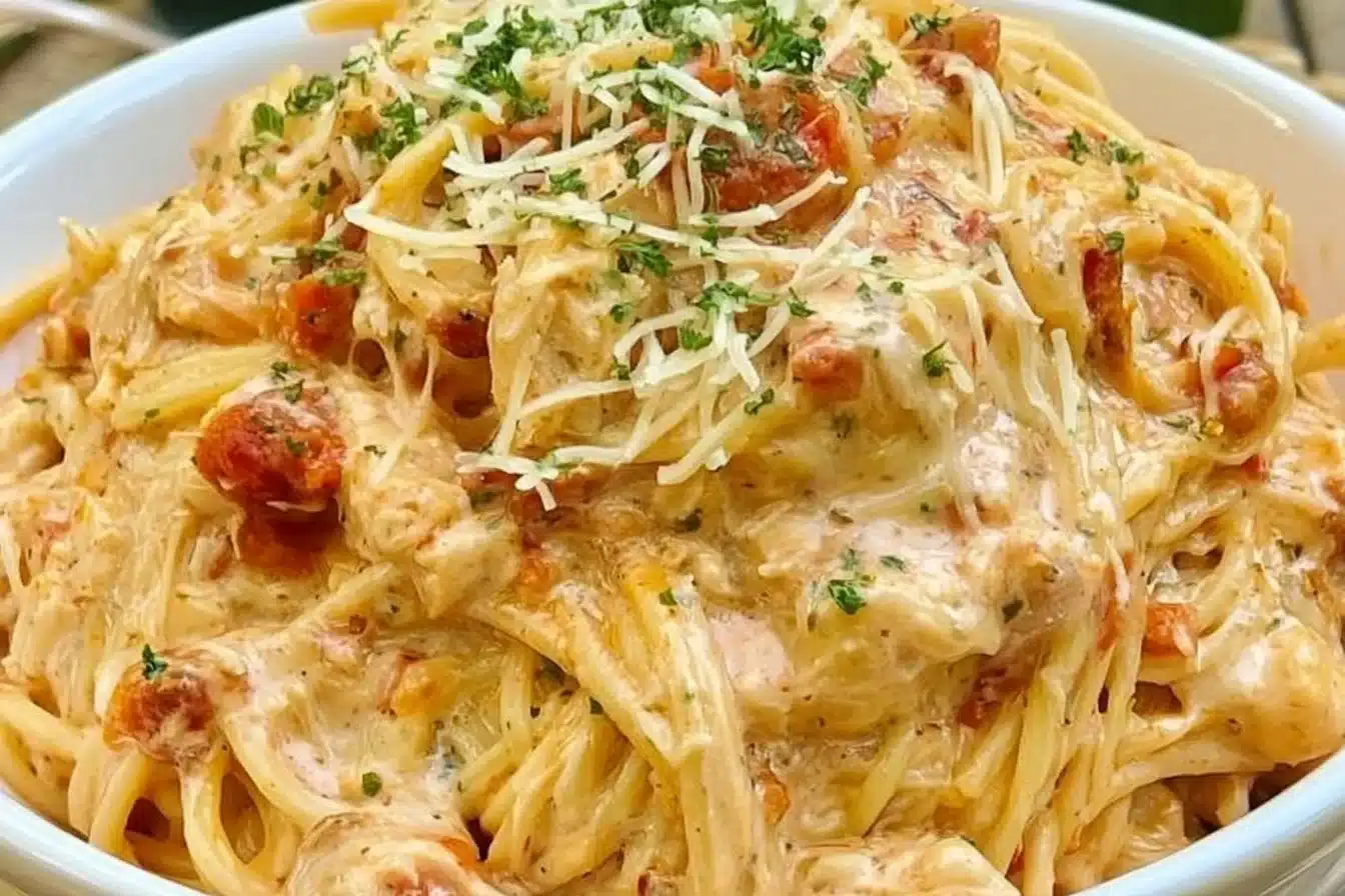 Delicious Chicken Spaghetti with Rotel in a bowl garnished with parsley
