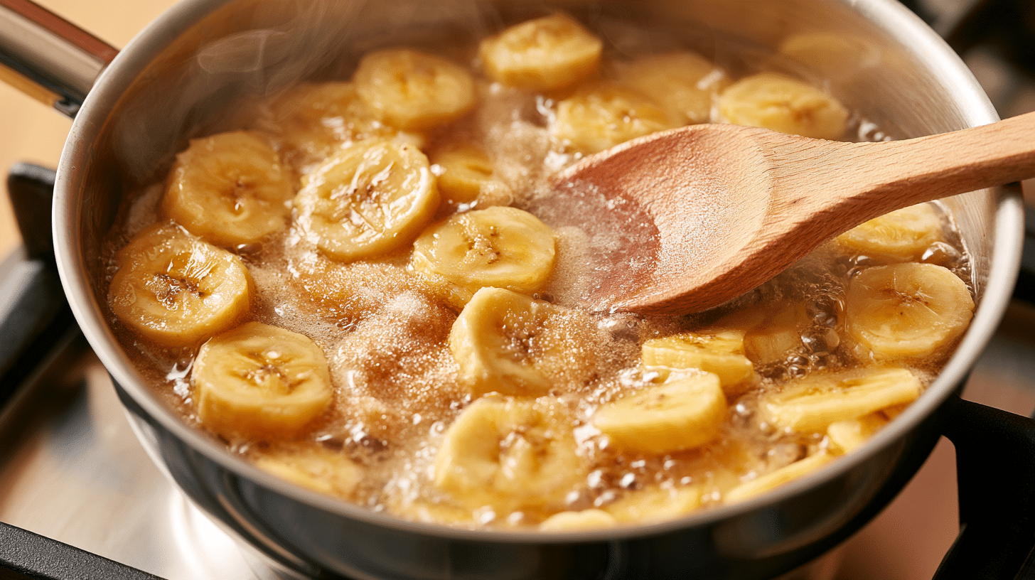 Close-up shot of a small saucepan on a stovetop, with sliced ripe bananas, granulated sugar, and water simmering gently. Steam rises lightly from the mixture. A wooden spoon rests in the pan.