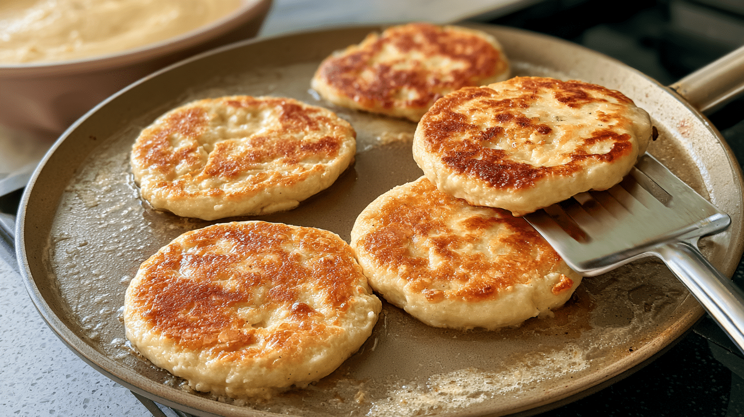 Cottage cheese breakfast rounds cooking on a griddle, golden brown and fluffy, with a spatula flipping one. The background shows a bowl of the smooth batter.