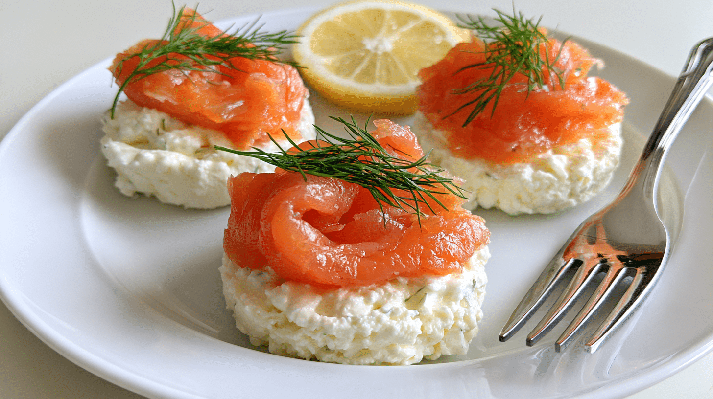 Cottage cheese rounds topped with smoked salmon, fresh dill, and a lemon wedge on a plate, with a fork ready to eat.