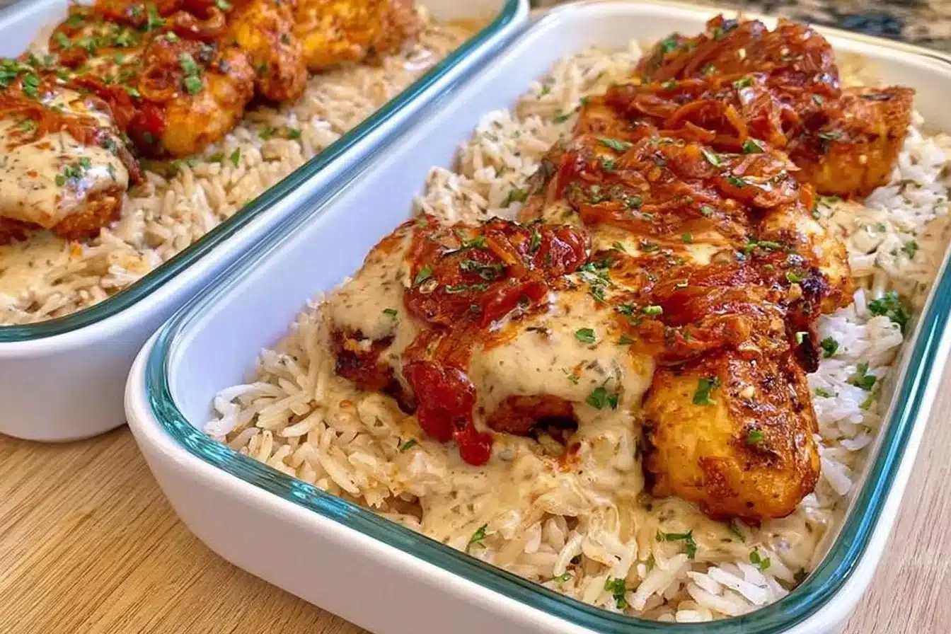 Creamy Cajun Chicken and Rice Bowls ready to serve, featuring colorful ingredients.
