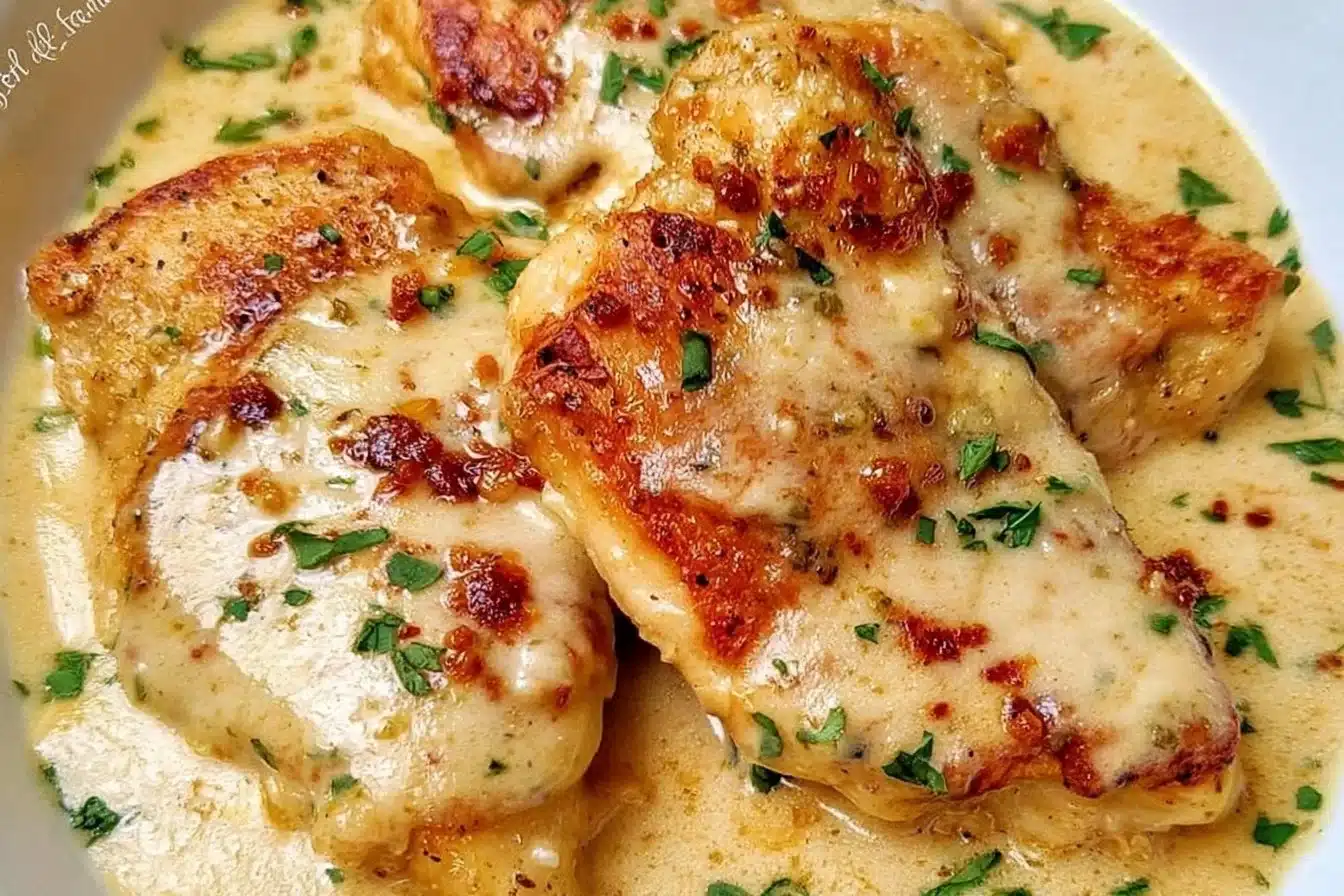 Plate of creamy Garlic Parmesan Chicken garnished with herbs