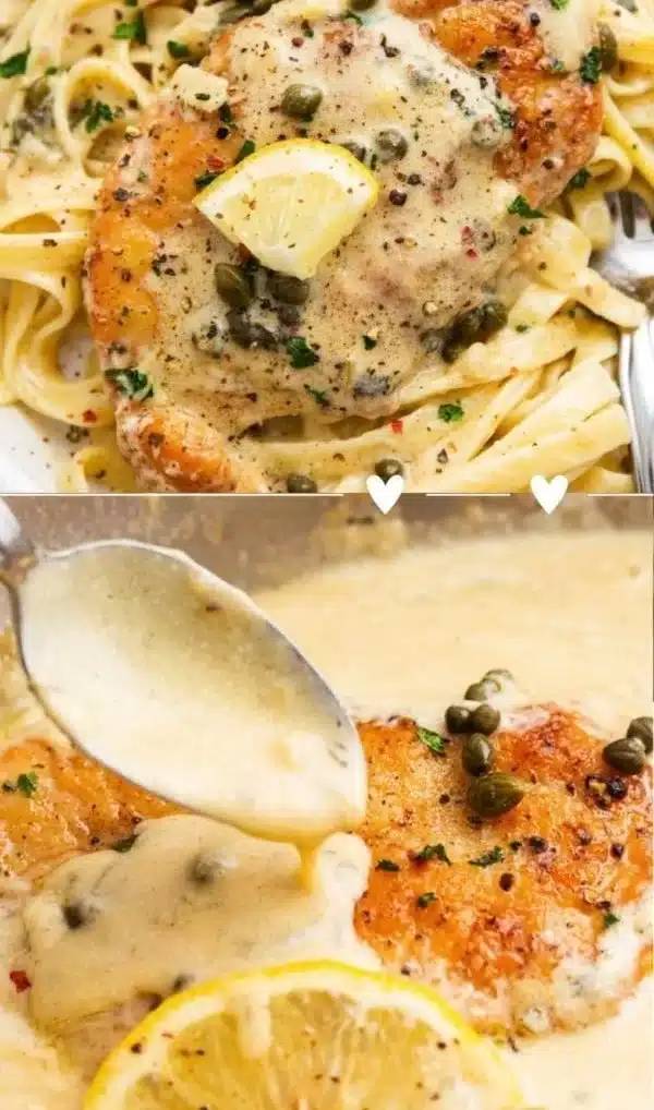 Creamy lemon chicken piccata served with fresh herbs and lemon slices