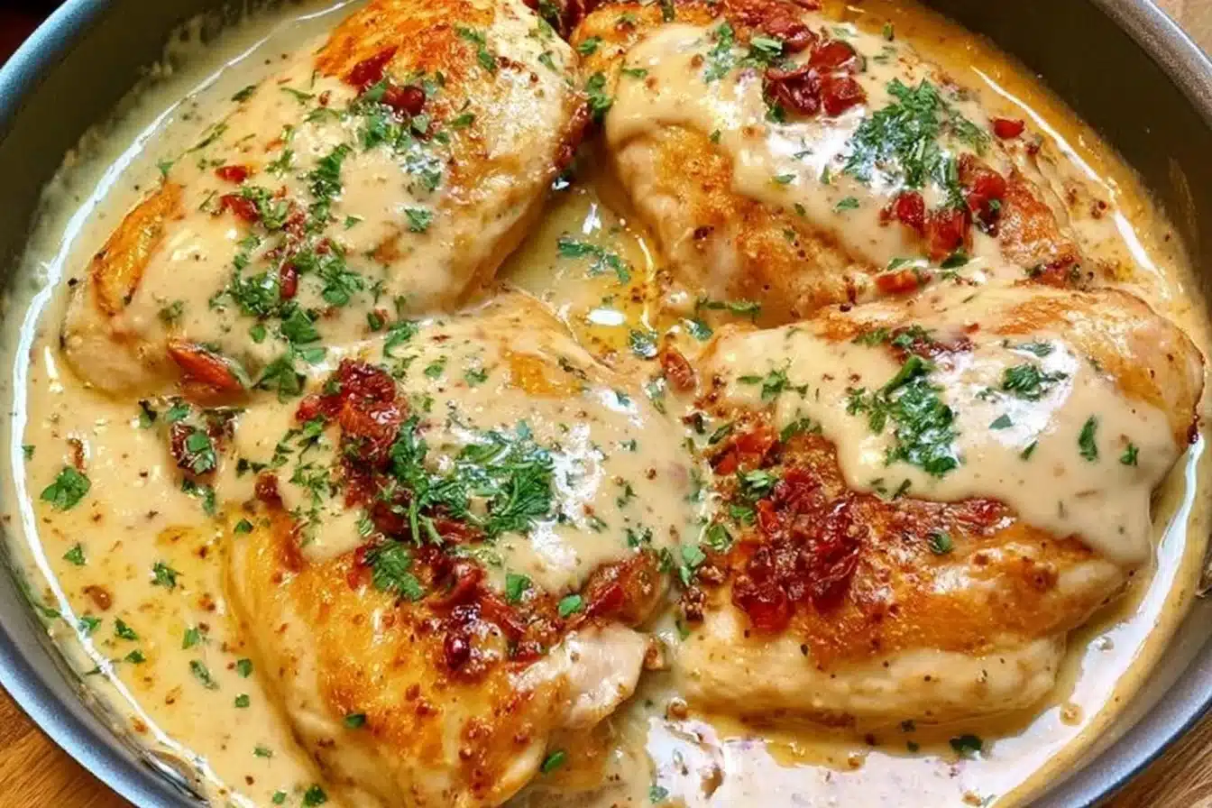 Creamy mustard chicken dish garnished with herbs on a white plate.