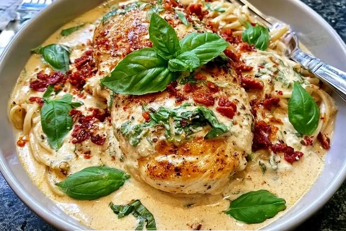 Delicious creamy Parmesan Basil Chicken served on a plate with basil garnish