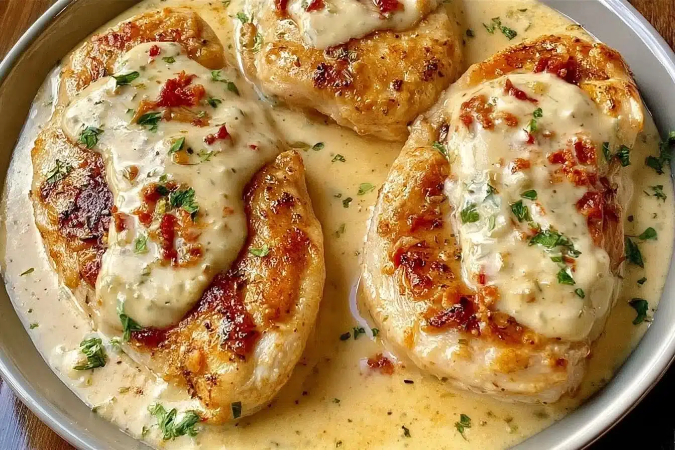 Delicious creamy ranch chicken served with fresh vegetables.