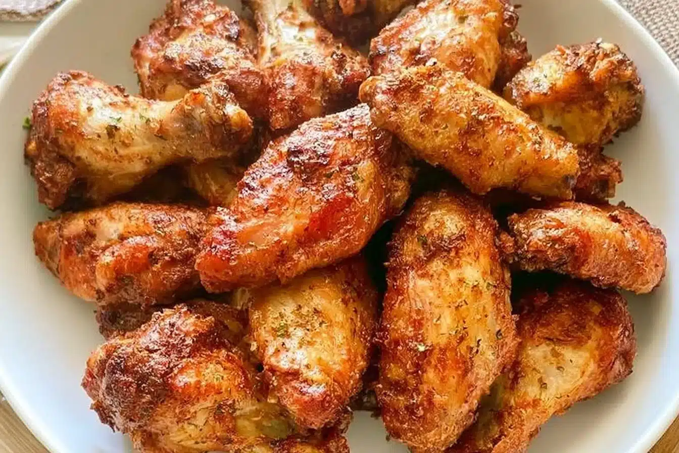 Crispy air fryer chicken wings served on a plate with dipping sauces
