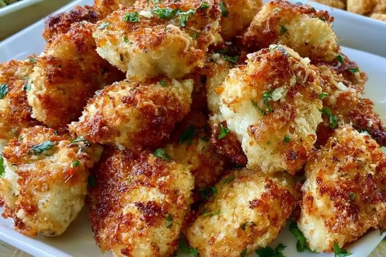 Crispy garlic parmesan chicken bites cooked in an air fryer, garnished with herbs.