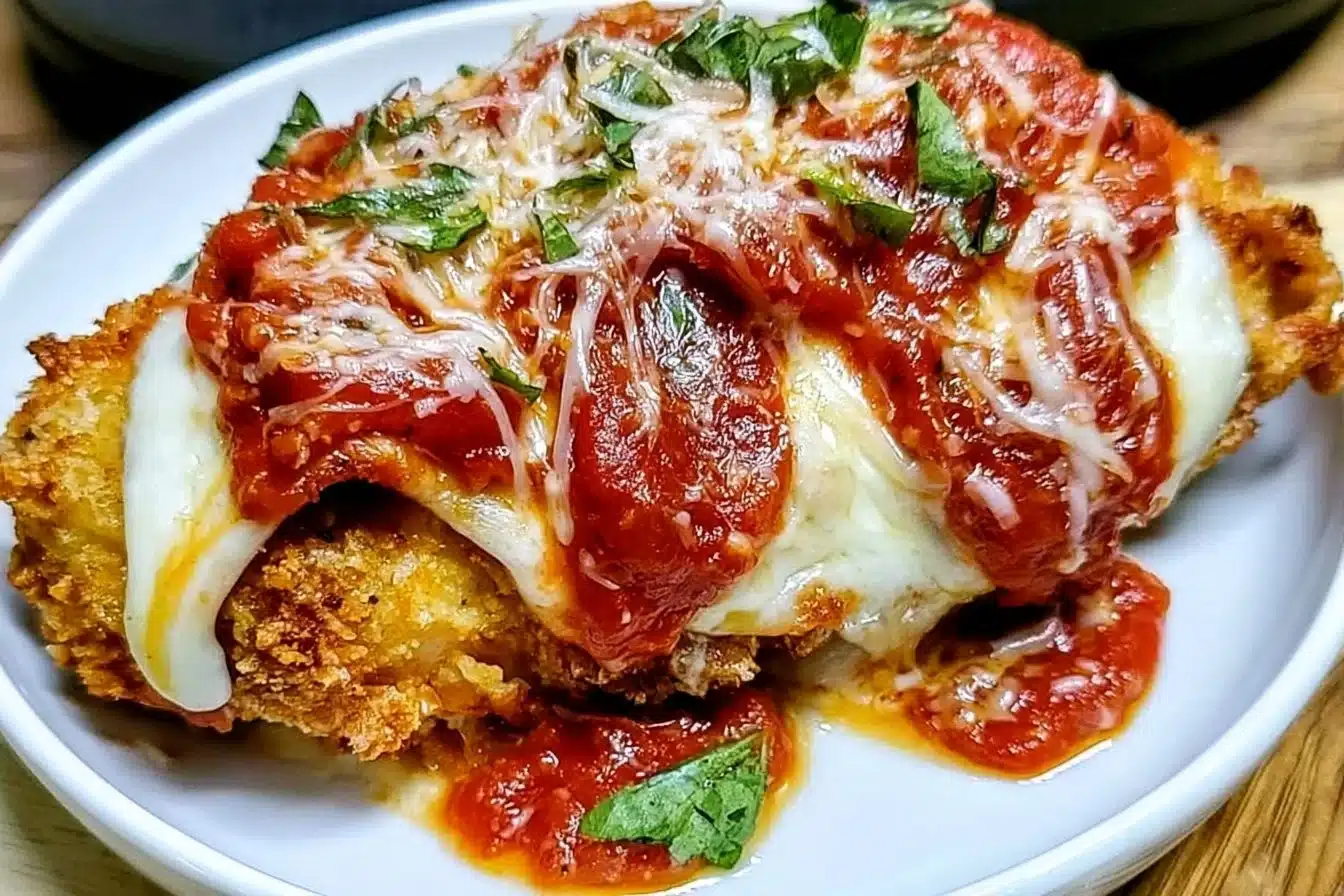 Crispy healthy chicken parmesan made in air fryer plated with fresh herbs