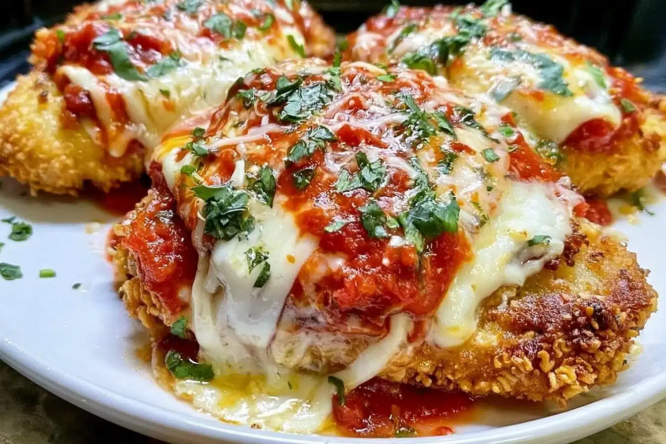 Crispy air fryer chicken parmesan garnished with fresh herbs
