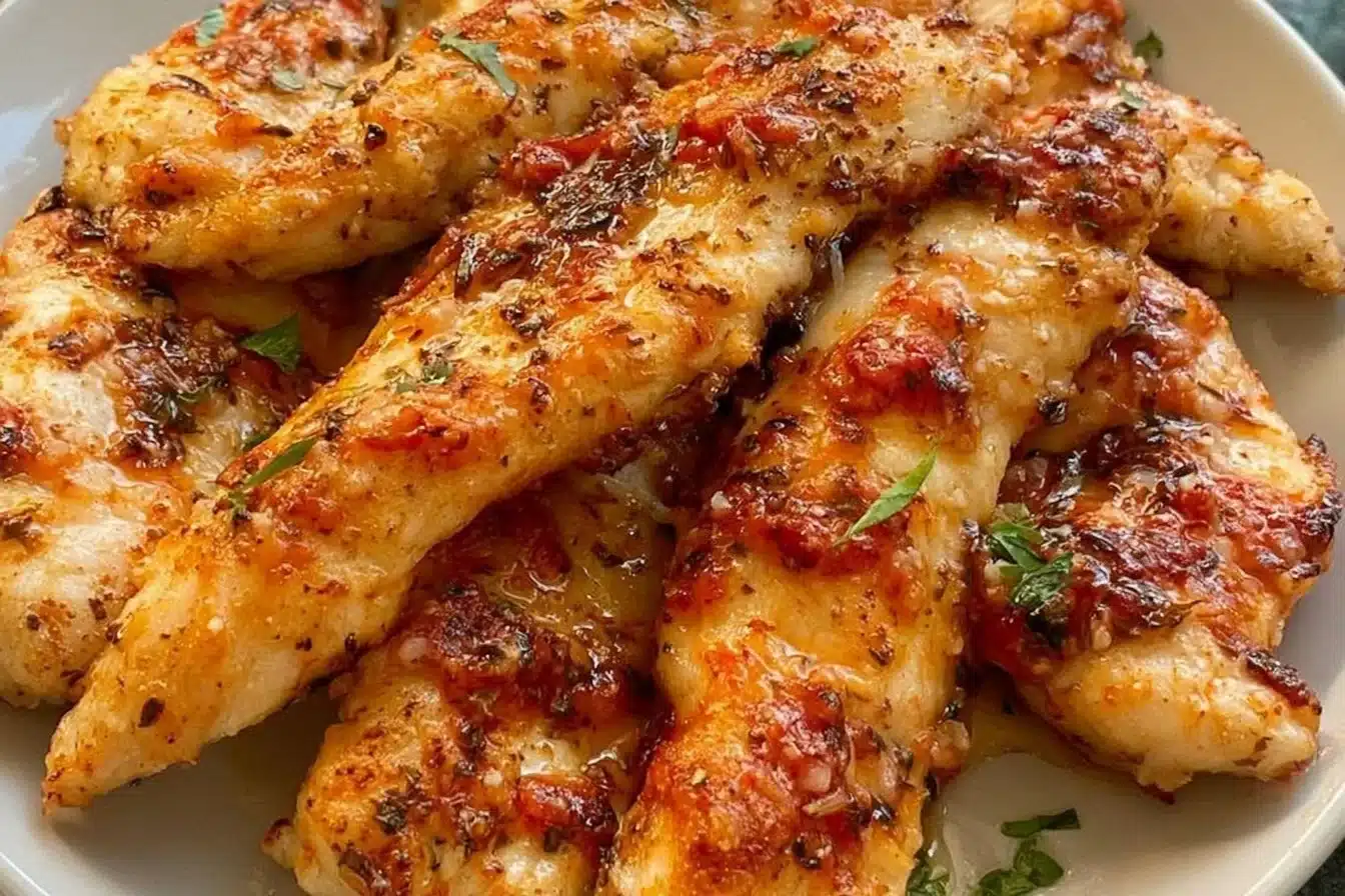 Crispy Parmesan chicken tenderloins cooked in an air fryer, served on a plate.