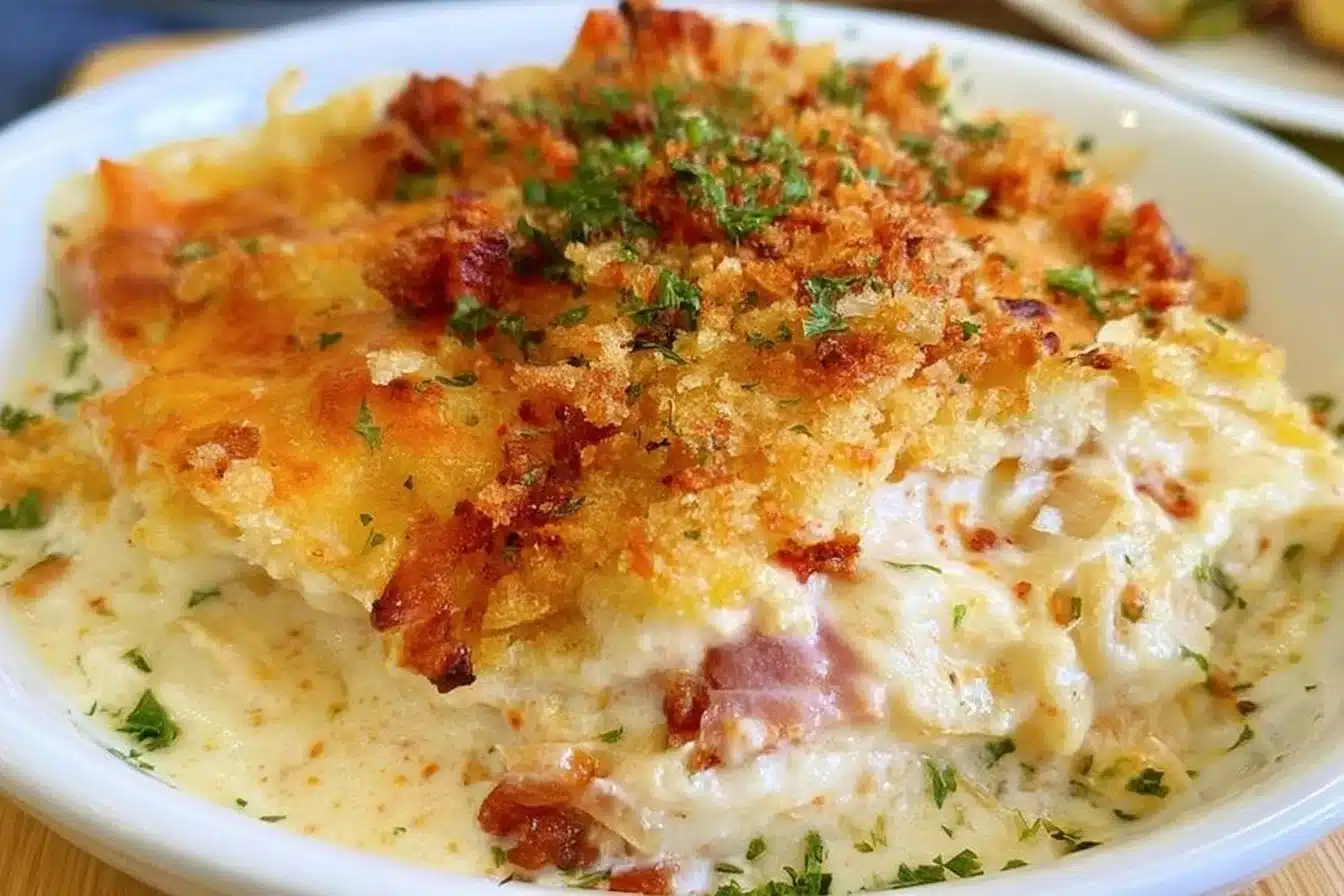 Delicious Easy Keto Chicken Cordon Bleu Casserole topped with cheese and herbs