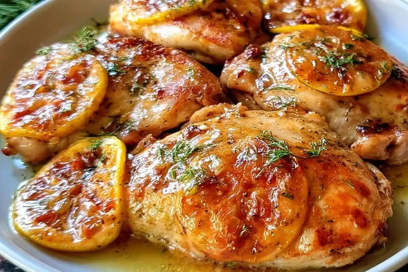 Delicious easy lemon dill chicken served on a plate with fresh herbs.