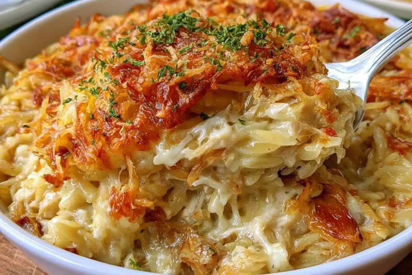 Delicious French Onion Chicken Orzo Casserole topped with melted cheese