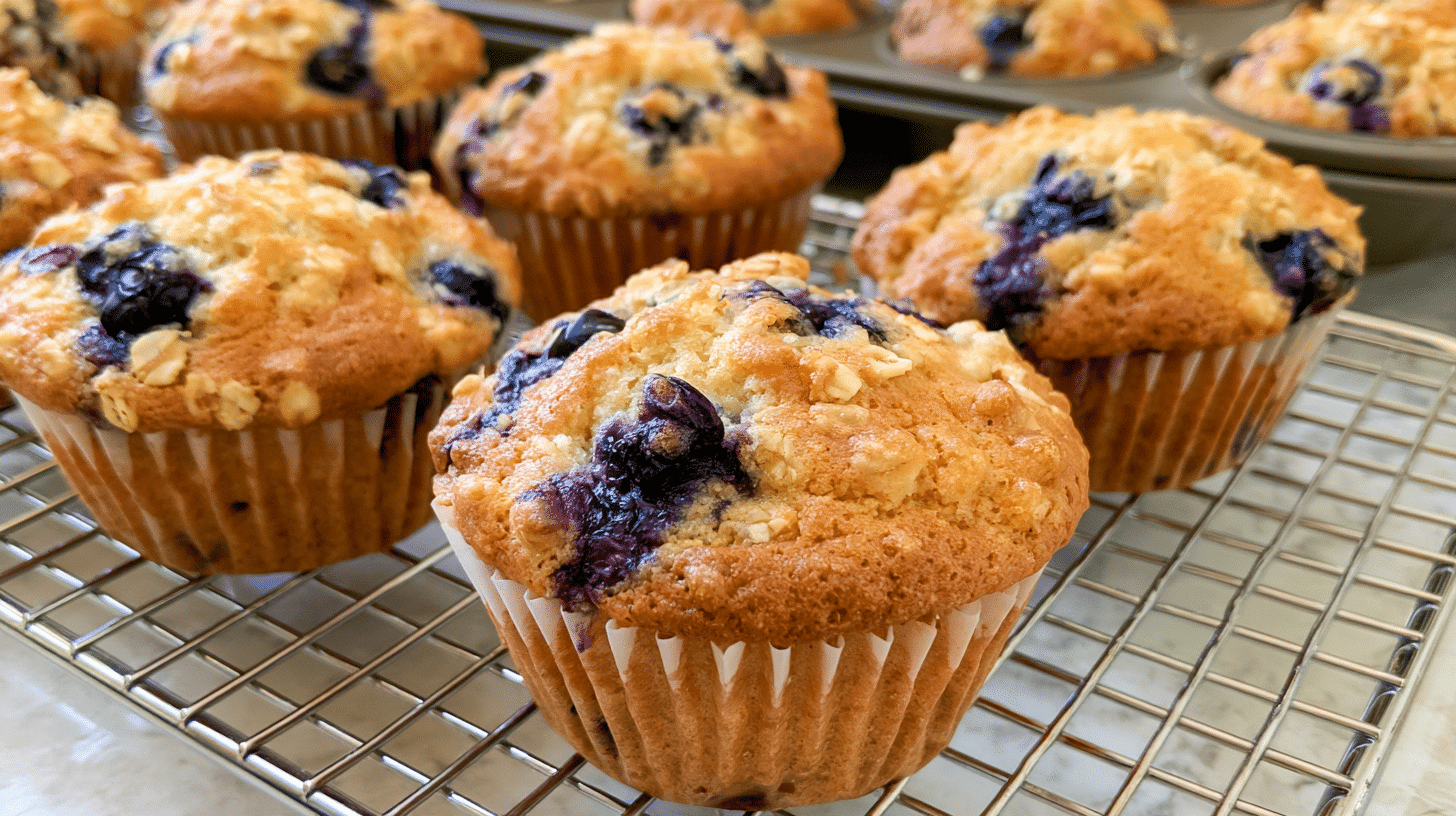 Freshly baked blueberry oat muffins cooling on a wire rack, with some muffins still in a muffin tin in the background. The muffins are golden brown with visible blueberries.