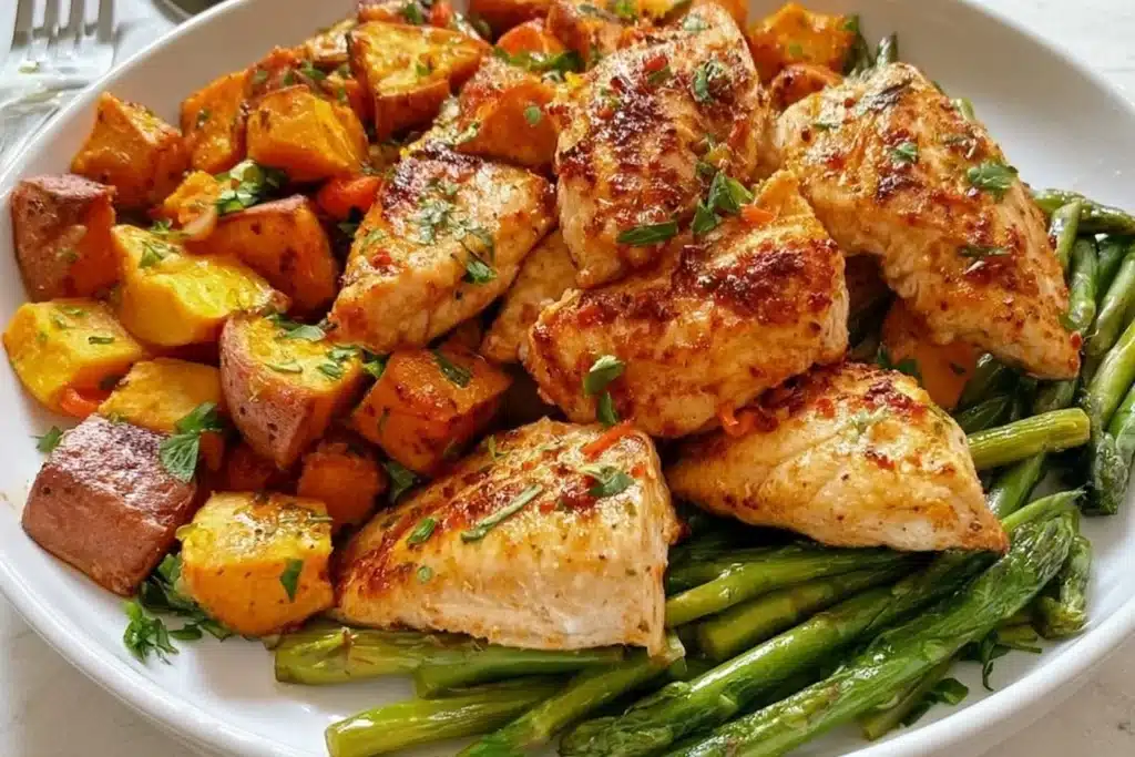Healthy chicken and sweet potato one-pot dinner ready to serve.