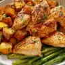 Healthy chicken and sweet potato one-pot dinner ready to serve.