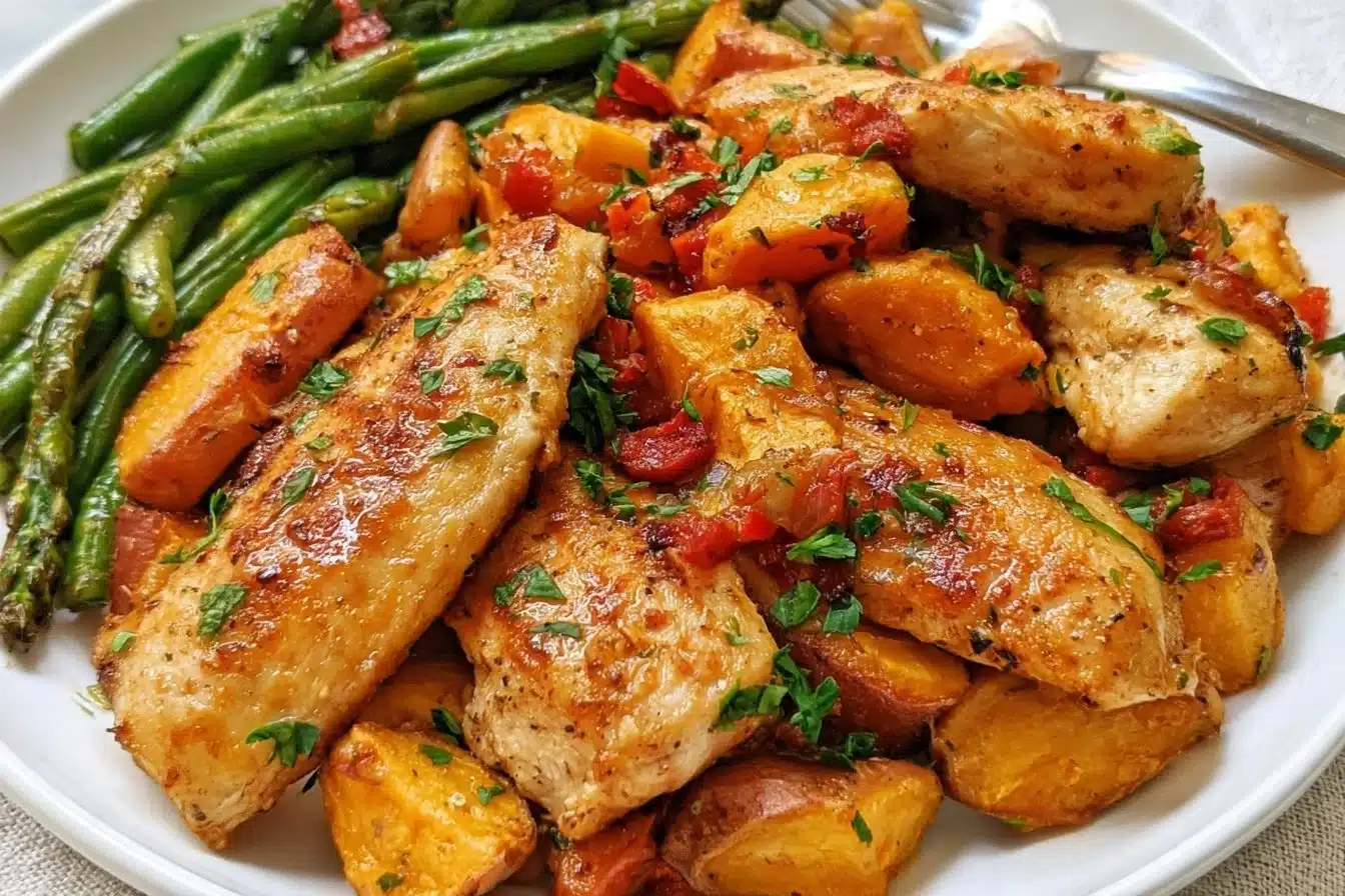 Healthy chicken and sweet potato recipe on a plate