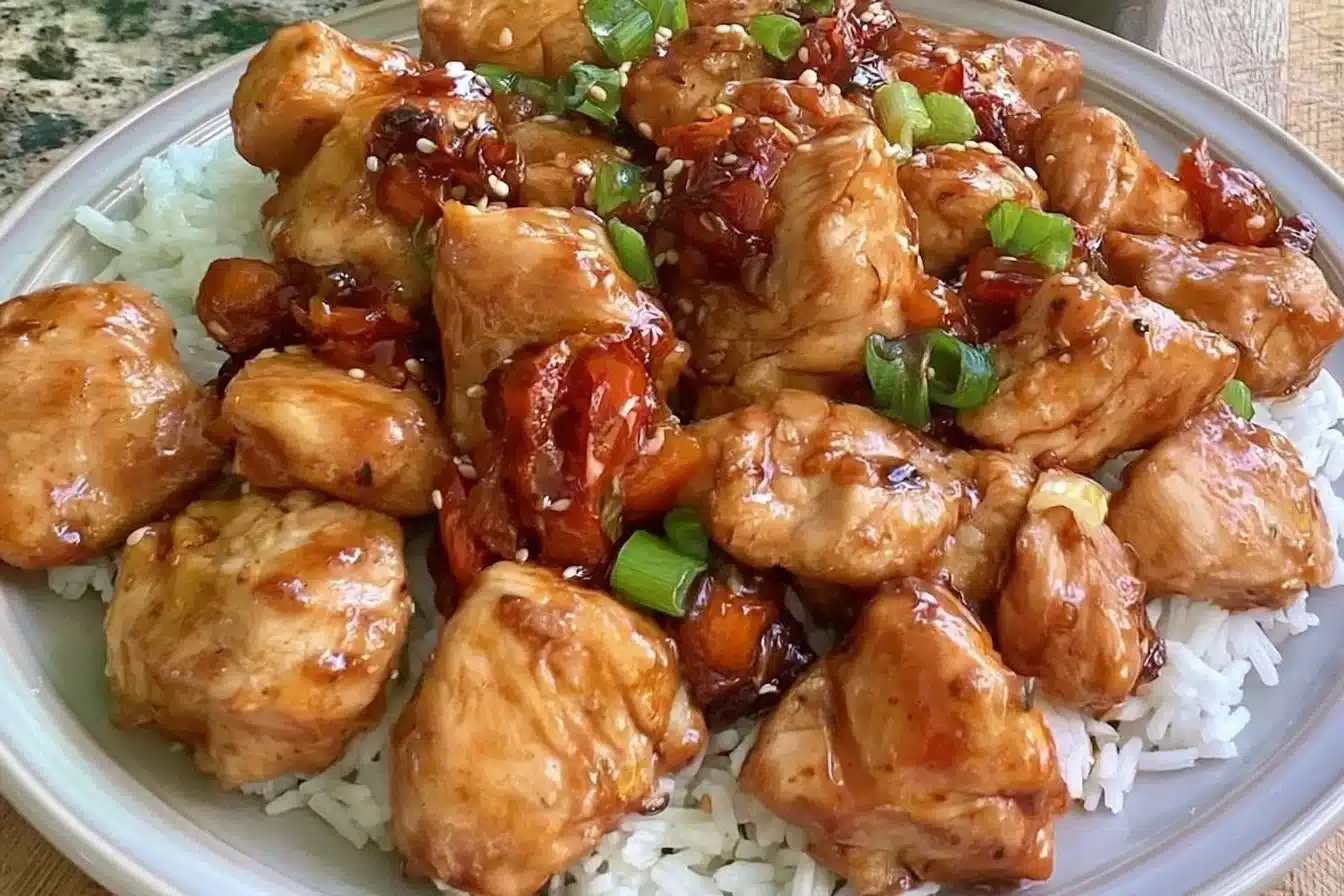Healthy sesame chicken dish served with vegetables in a bowl.