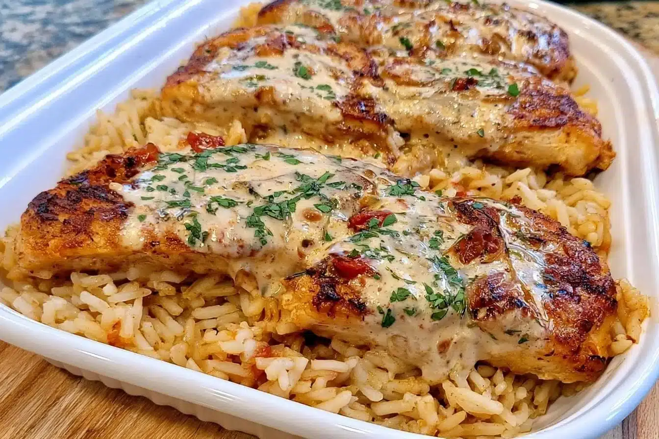 Plate of high protein creamy Cajun chicken and rice garnished with herbs