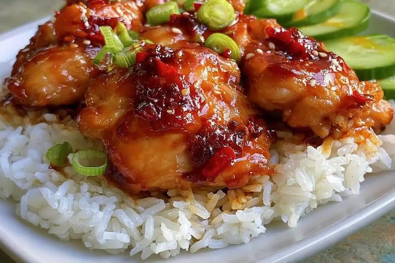 High-protein honey gochujang chicken dish garnished and served on a plate