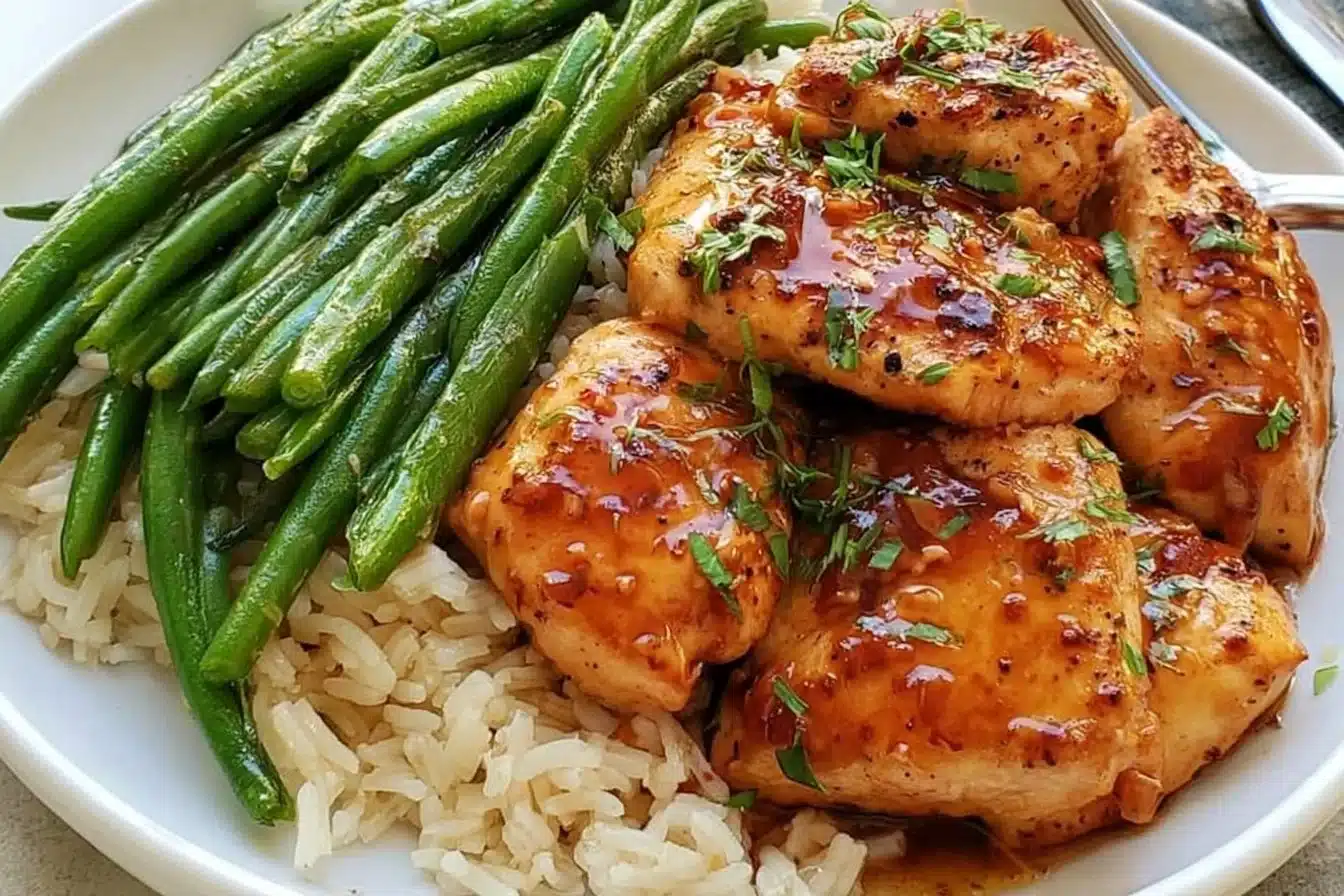 Honey Garlic Chicken served with green beans on a plate