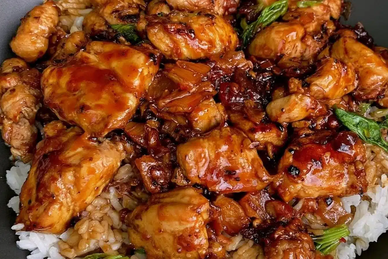 Delicious bourbon chicken served with rice and vegetables