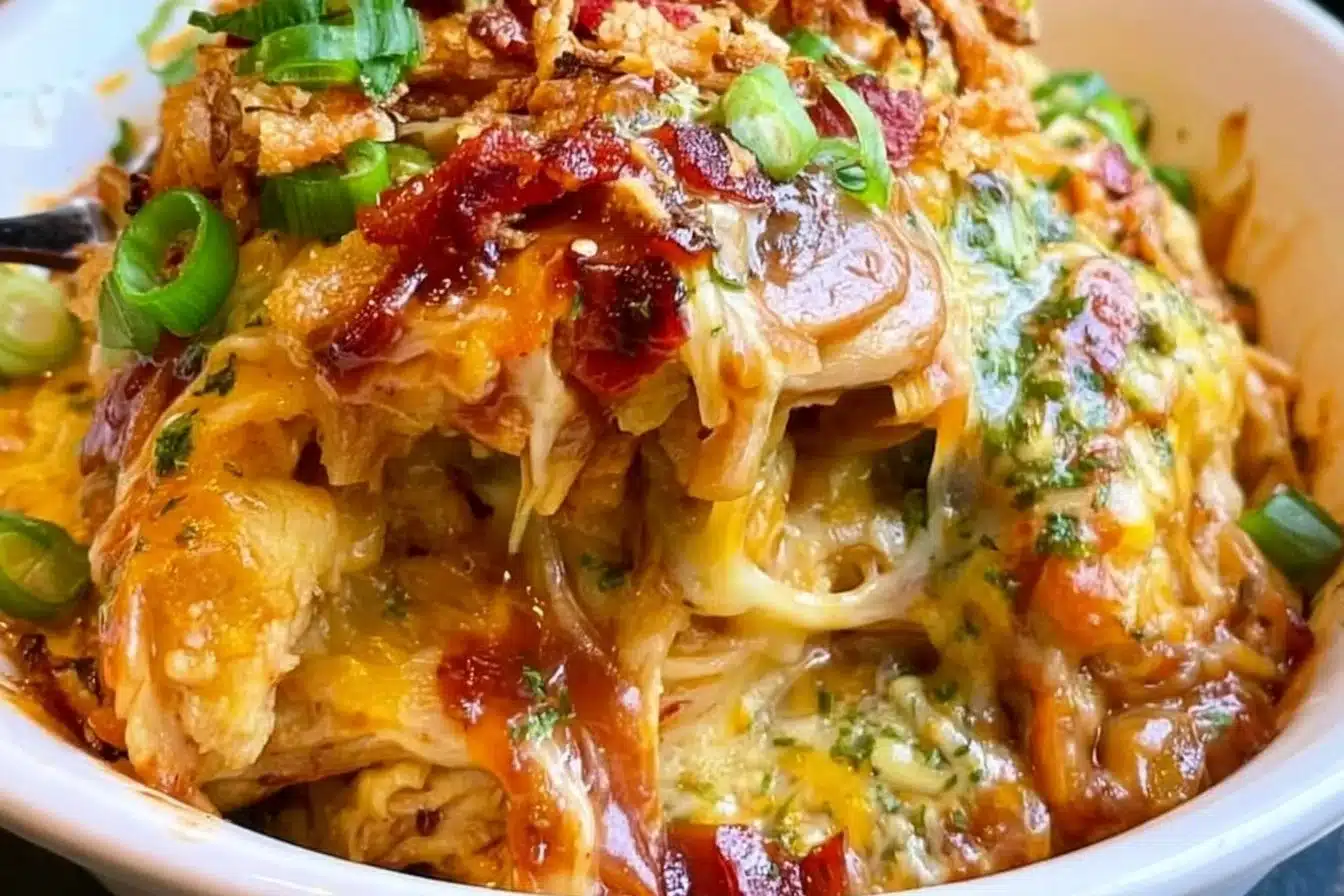 Delicious Keto BBQ Chicken Casserole served in a colorful dish
