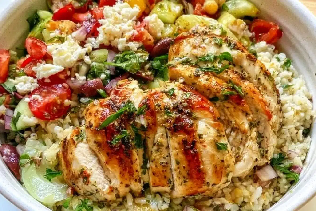 Lemon Herb Greek Chicken Bowls served with fresh vegetables and rice