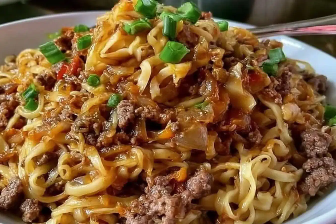 Mongolian ground beef noodles dish served in a bowl