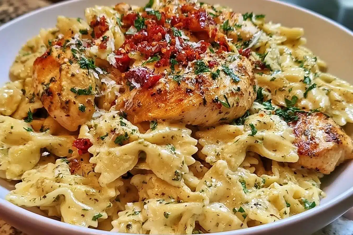 Mozzarella Garlic Butter Chicken served with cheesy cream bowtie pasta