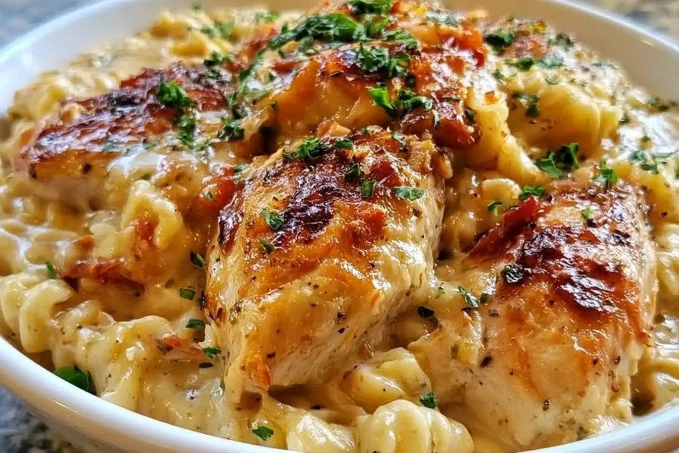No Peek Chicken Casserole served in a dish, quick and easy one-pot meal.