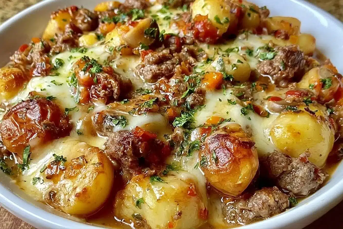 Delicious cheesy meat skillet with potatoes cooked in one pan