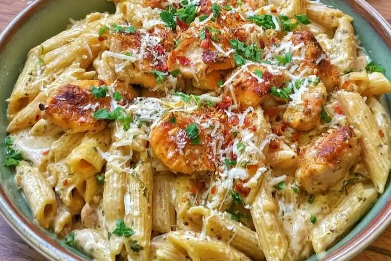 One pot creamy parmesan chicken pasta dish with herbs and cheese