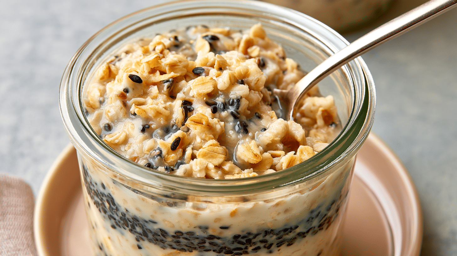overhead shot of a glass jar filled with black sesame overnight oats, showing distinct layers of oats and black sesame, with a spoon resting in it