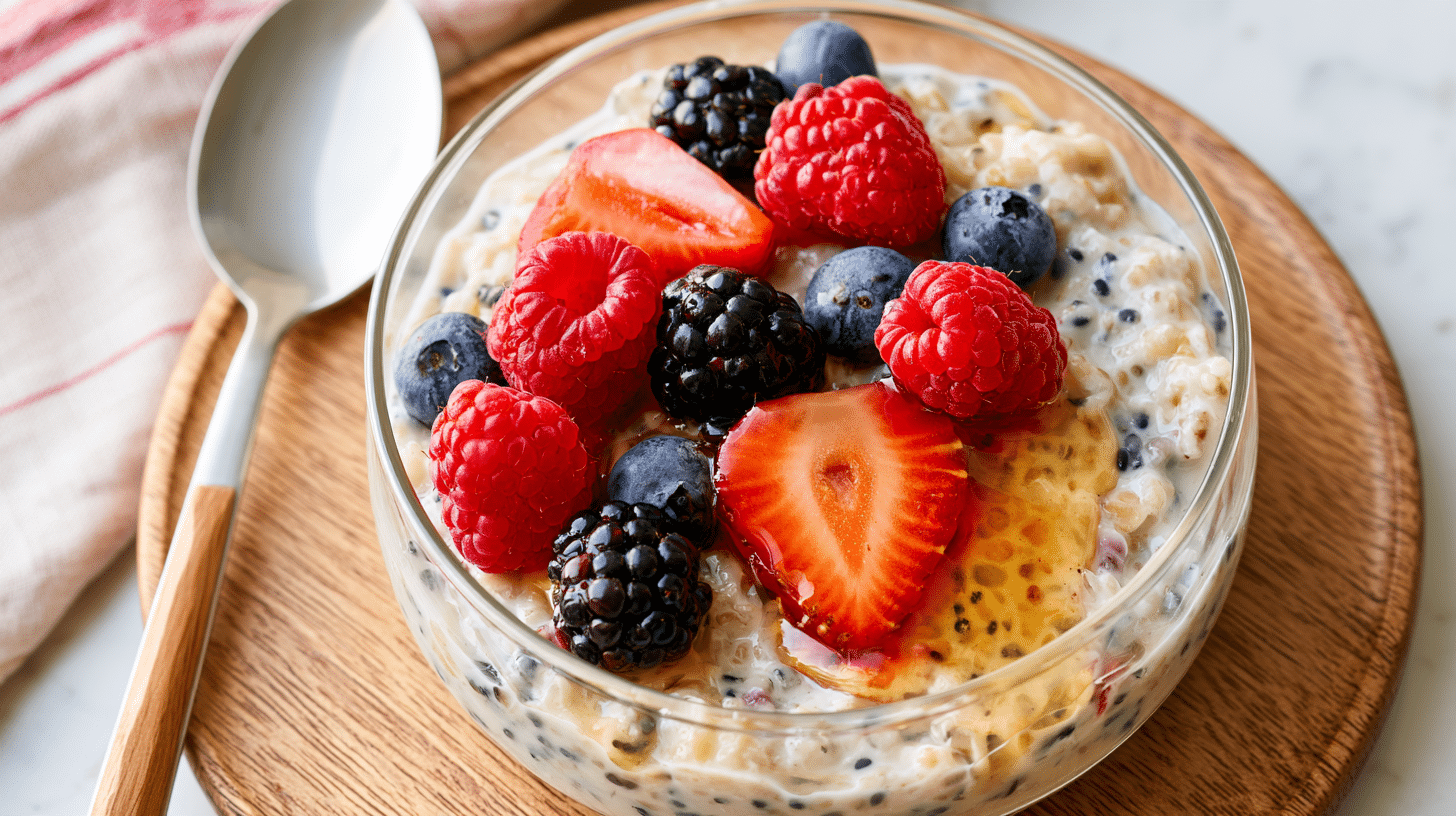 overhead shot of black sesame overnight oats in a glass container, garnished with fresh berries and a drizzle of honey, with a spoon beside it