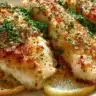 Delicious Parmesan Crusted Tilapia served on a plate with lemon and herbs