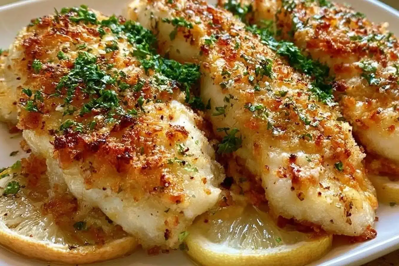 Delicious Parmesan Crusted Tilapia served on a plate with lemon and herbs